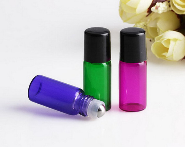 Wholesal 1000pcs/lot colorful 3ML Glass Roll on Bottle with Stainless Steel Roller Small Essential Oil Roller-on Sample Bottle