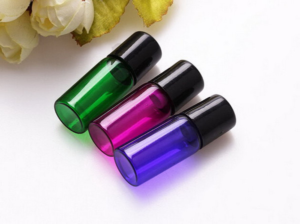 500pcs/lot Green Purple blue 3ML Glass Roll on Bottle with Stainless Steel Roller Small Essential Oil Roller-on Sample Bottle