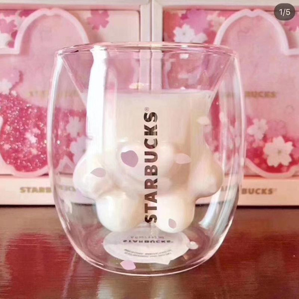 wholesale Starbucks Cat Paw Mug Cat-claw Coffee Mug 2019 Starbucks Limited Eeition Cat Foot Cup Sakura 6oz Pink Double Wall Glass Mug