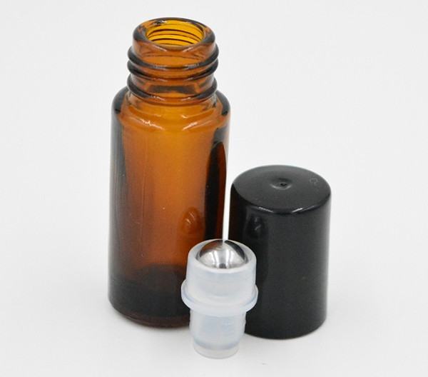200pcs/lot Thick refillable 5ML Amber Roll on Metal Roller ball Empty Glass Bottle for makeup Essential Oils eye Massage Perfumes bottle