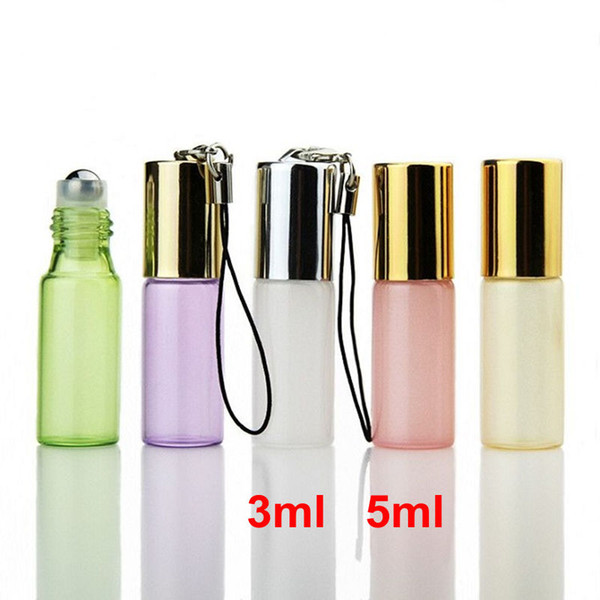 3ml 5ml Mini Glass Metal Roll on Bottle for Essential Oils 3cc 5cc Empty Perfume Glass Vials with Key Chain Glass Roller Bottles