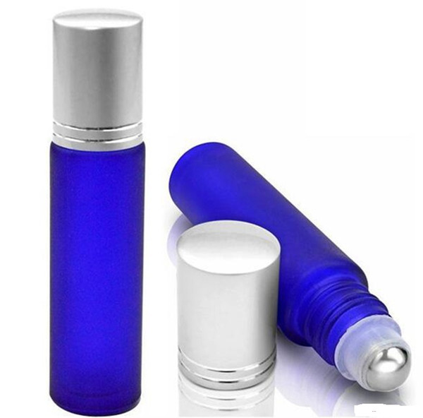 Blue 10ml Frosted Glass Roll On Essential Oils Perfume Bottles W/ Stainless Steel Roller Ball 200pcs/lot