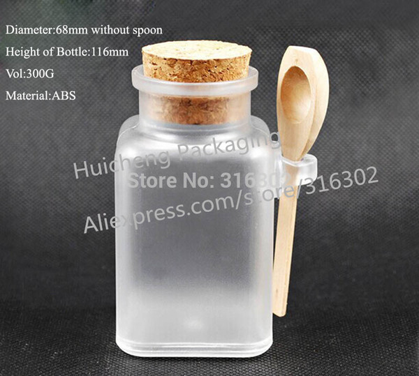 10pcs/lot 300g Square bath salt ABS Bottle, 300ml powder plastic bottle, bath salt bottle with wooden spoon
