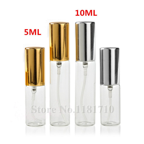 5ML 10ML Transparent Glass Spray Bottle Empty Clear Refillable Perfume Atomizer with Gold Silver Cap Portable Sample Glass Vials