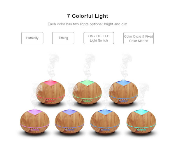 Wood Grain Humidifier Wooden Air Humidifier Ultrasonic Humidifier Aroma Essential Oil Diffuser Portable Mist Maker 400ML with 7-Color LED