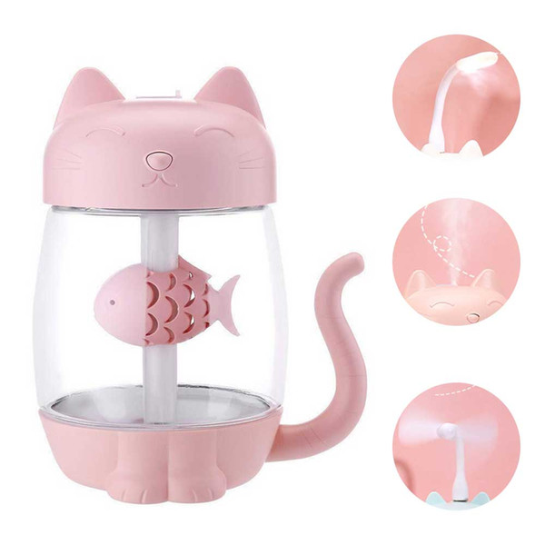 3 in 1 350ML USB Cat Air Humidifier Ultrasonic Cool-Mist Adorable Mini Humidifier With LED Light Mini USB Fan for Home office