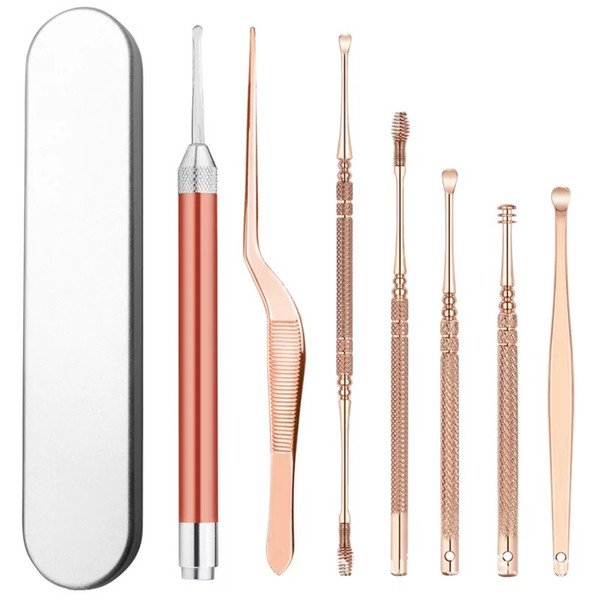 New 7-piece ear cleaning tool LED Flashlight EarPick, Health Ear Wax Remover Tool Cleaner LED light care Adult child suitable for rose gold