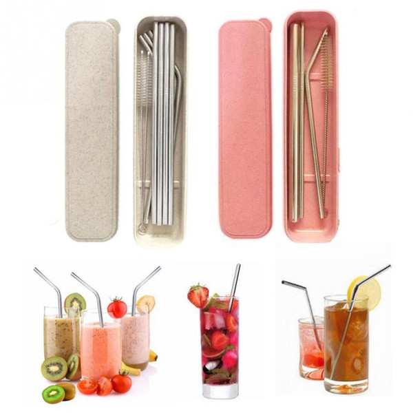 Box Packing Stainless Steel Metal Drinking Straw Reusable Bend Indent / Straight Straws + Cleaner Brush For Mugs