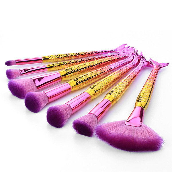 zouyesan Free Shipping 2019 Mermaid Makeup Brush 7 Gradient Gold Purple Yellow Fishtail Makeup Brush Beauty Tool Set