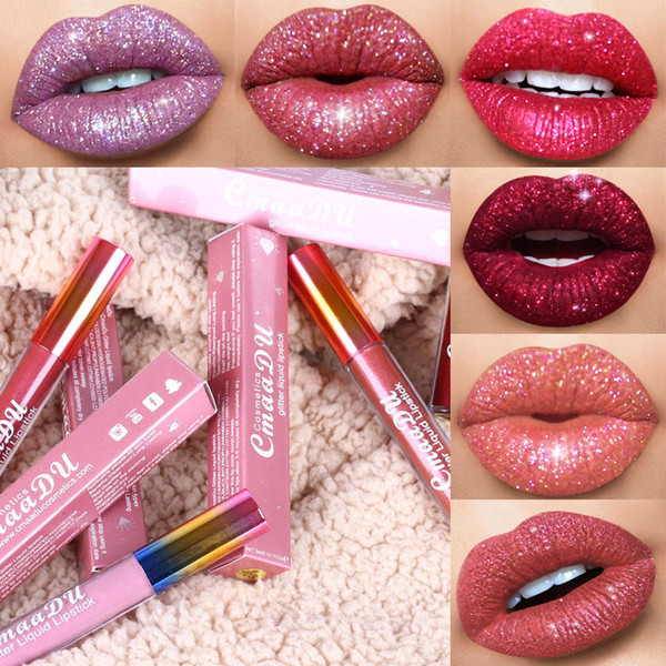 Cmaadu Glitter Lip Gloss Velvet 6 Colors Waterproof Long Lasting Diamond Flash Shimmer Liquid Lipgloss Chameleon Gold Metal Matte Lipstick