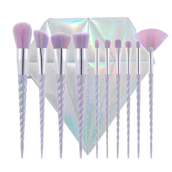 10 pcs unicorn private label makeup brush set Foundation Eyeshadow Base Powder Blush Blending Brushes with Diamond shaped gift purse