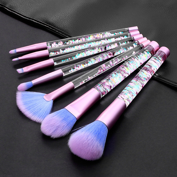 7pcs Shiny Crystal Liquid Quicksand Glitter Acrylic Handle Nylon Hair Makeup Tool Brush Set