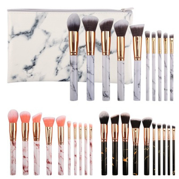 No brand 10 pcs professional marble makeup brushes set Powder Highlight Concealer Contour Foundation Make Up Brush set with white PU bag