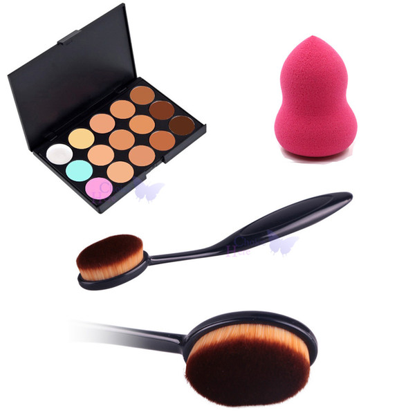 15 Colors Contour Face Cream Makeup Concealer Palette + Toothbrush Curve Foundation Brush + Makeup Sponge Puff