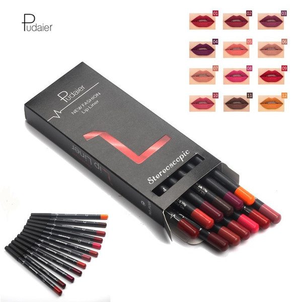 12pcs/set Pudaier Professional Lipliner Pencil Kit Waterproof Long-lasting Contour Lip Liner Pen Nude Lip Pencils Cosmetic Makeup Beauty