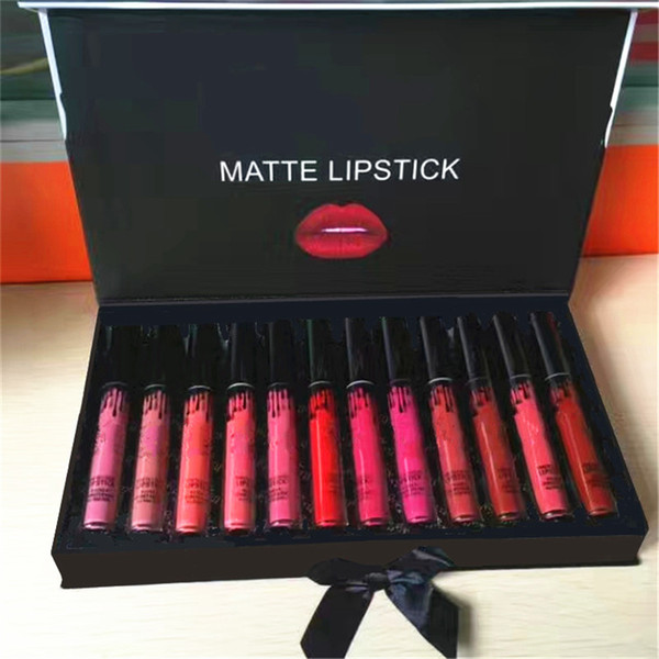 HOT Makeup Matte Liquid Lipsticks LIpgloss 12 Colors Professional Moisturizer Lip Gloss 12*0.11g With Black Bowknot Box Free Shipping