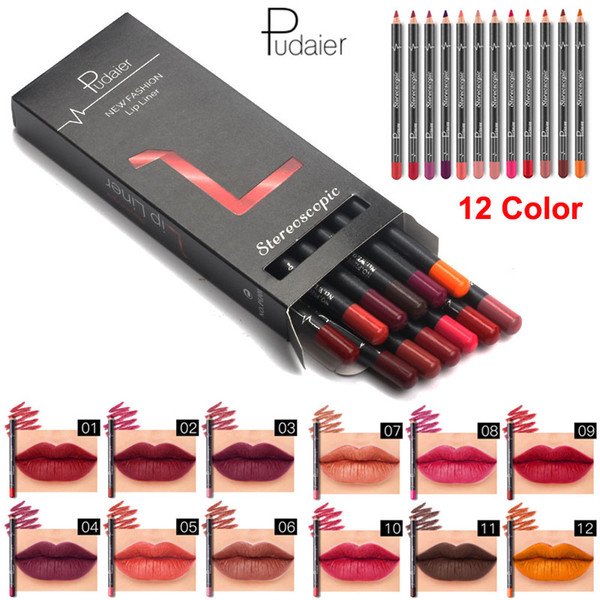 12pcs set Pudaier Lip liner Pencil Kit Waterproof Long-lasting Contour Lip Liner Pen Nude Lip Pencils Cosmetic Professional Makeup Beauty