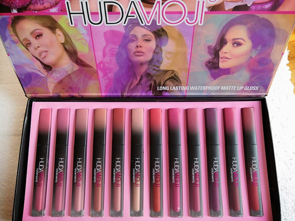 DHL free shipping newest makeup HUDAMOJI matte lip gloss set non-stick cup not fade matte liquid lipstick