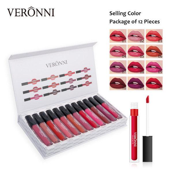 New hot sale veronni for 12 lipstick sets Non-stick cup matte lipstick Explosion models Lip gloss free shipping