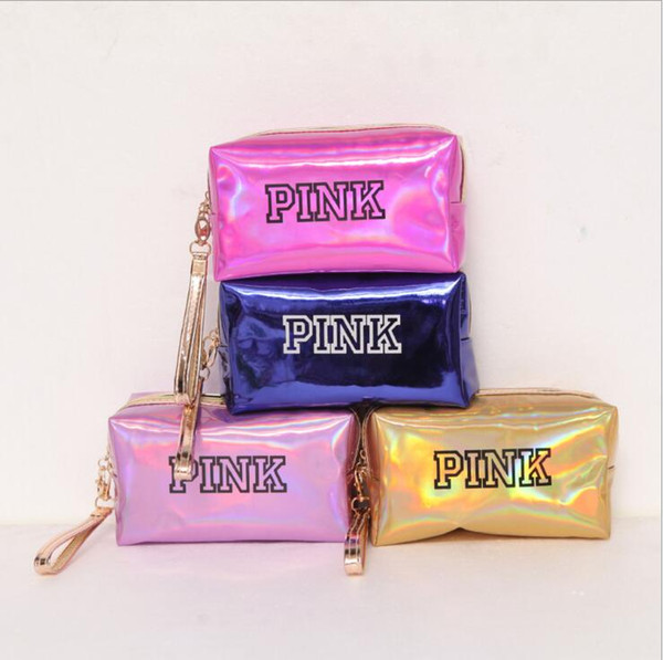 Love Pink letter Hologram Laser Cosmetic bag Make Up bags Large capacity Storage waterproof wash makeup bags portable coin purse Multicolor