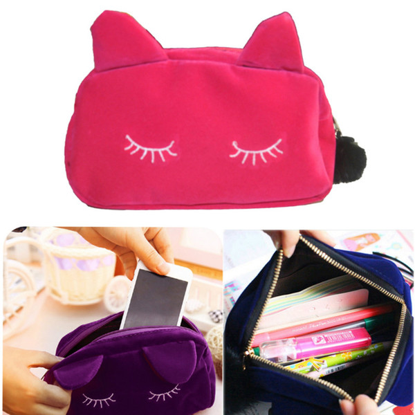 Wholesale Hot sale Cute Portable Cartoon Cat Coin Storage Case Travel Makeup Flannel Pouch Cosmetic Bag Korean and Japan Style