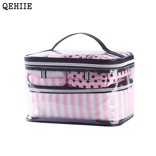 New Korean Version 4 Pcs Transparent PVC Cosmetic Bag Women Pink Travel Cosmetic Bag Organizer Beauty Makeup bags Free Shipping