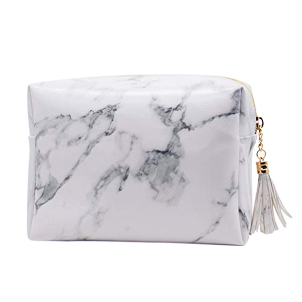 TFTP-High Capacity Marble Pattern Cosmetic Bag Makeup Brushes Kit Bag Handbag Toiletry Case Gold Zipper With Beauty Tassel