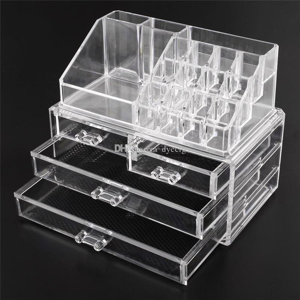 Acrylic Cosmetic Makeup Organizer Jewelry Display Boxes Bathroom Storage Case 2 Pieces Set W/ 4 Large Drawers