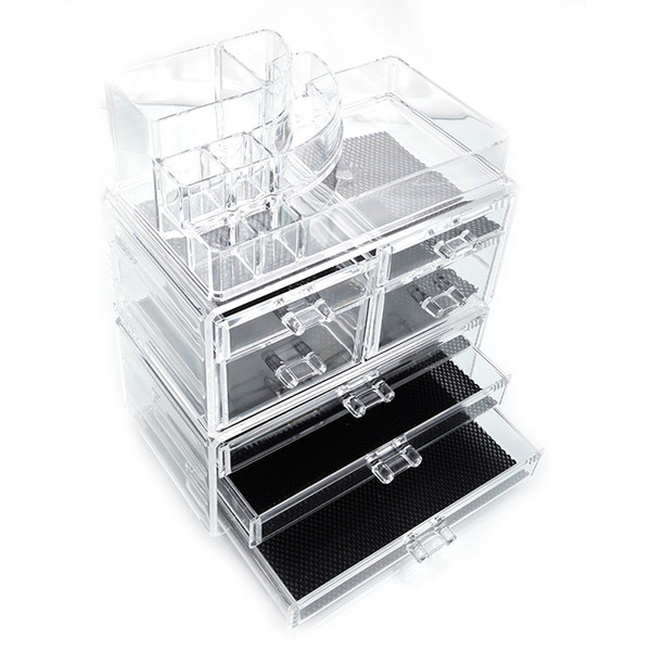 Plastic Cosmetics Storage Rack Transparent Acrylic Makeup Case SF-1122-1 Cosmetics Storage Rack with 4 Small & 3 Large Make Up Cases Trans