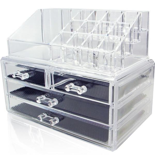 Acrylic Cosmetic Makeup Organizer Jewelry Display Boxes Bathroom Storage Case 2 Pieces Set W/ 4 Large Drawers