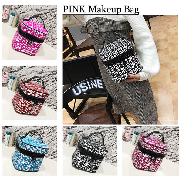 PINK Cosmetic Bag Double Zipper Pink Letter Handbag Portable Storage Bag Pink Letter Organizer Travel Makeup Pouch 5 colors