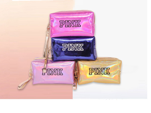 New PINK Cosmetic Bag nude color Laser Portable Durable Case Large Capacity Zip Makeup Box Holographic Metallic 4 Color Bag