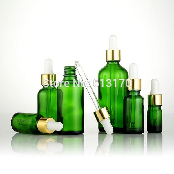 New arrival 5ml,10ml,15ml,20ml,30ml,50ml,100ml Green Glass bottles With Dropper,Empty Essential Oil Glass Vials White rubber