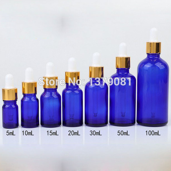 5ml,10ml,15ml,20ml,30ml,50ml,100ml Blue Mini Glass Bottles with Dropper DIY Sample Vial Essential Oil Bottle Gold Rim Free shipping