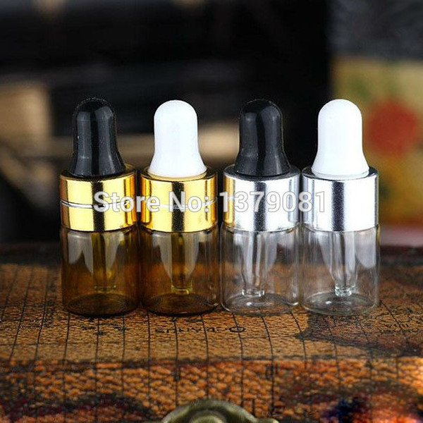 1ML Clear Mini Glass Bottles,1CC Amber Dropper Bottle Sample Vial Essential Oil Bottle With Gold,Silver Rim Free shipping