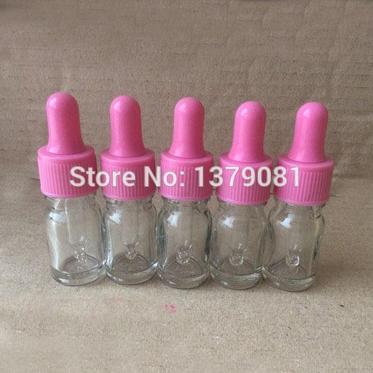 5ML Clear Glass Bottles With Dropper Mini Sample Vial Essential Oil Bottle With Green,Pink Rubber Free shipping