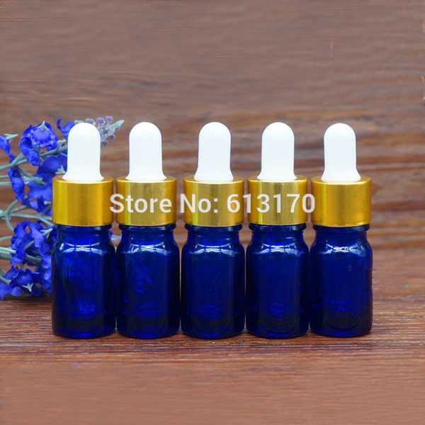 New arrival 5ml Blue Glass Dropper bottles,5cc Empty Essential Oil bottle Small sample Vials With White rubber Gold Rings