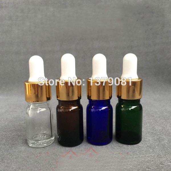 5ML Clear Glass Bottles With Dropper Amber Mini Sample Vial Essential Oil Bottle Gold Collar,White Rubber Free shipping