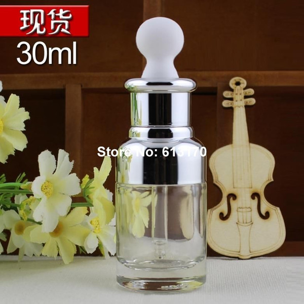 30ML Pipette Dropper bottle 1OZ Empty Glass Bottle,Clear Essential Oil vials,Silver collar White Rubber Cosmetic Container