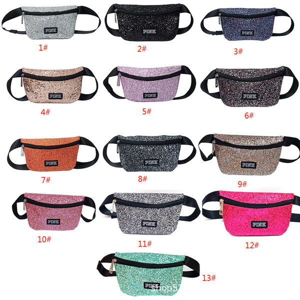 2018 vs Glitter Love Pink letter Waist Bag Women Fanny Packs Shiny Bling Shoulder Bags fitness Handbag Belt Tote Travel Beach Cosmetic Bag