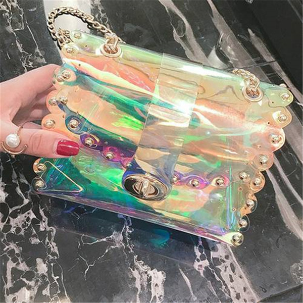 Women PVC Chain Bag Laser Transparent Clear Tote Shoulder Crossbody Handbag FF017