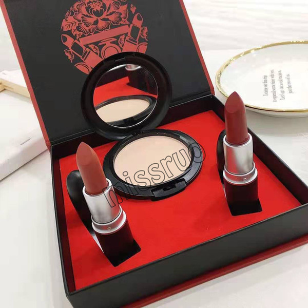 2019 m brand Makeup Set Matte Lipstick + Face Studio Powder 3 in 1 set with red gift box loose powder free shipping