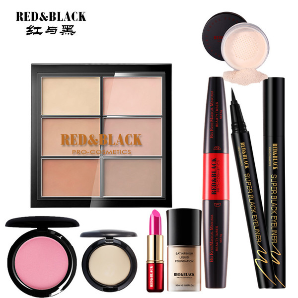 Red&black Makeup Tool Kit 8pcs Moisturizer Lipstick Matte Long Lasting Lipstick Foundation Concealer Eyebrow Pencil Eyeliner