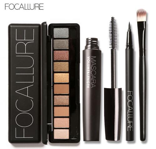 New arrival 4Pcs Pro Makeup Set 10 Colors Warm Nude Colors Eyeshadow Black Mascara Eyeliner with 1Pcs Shadow Brush Kit