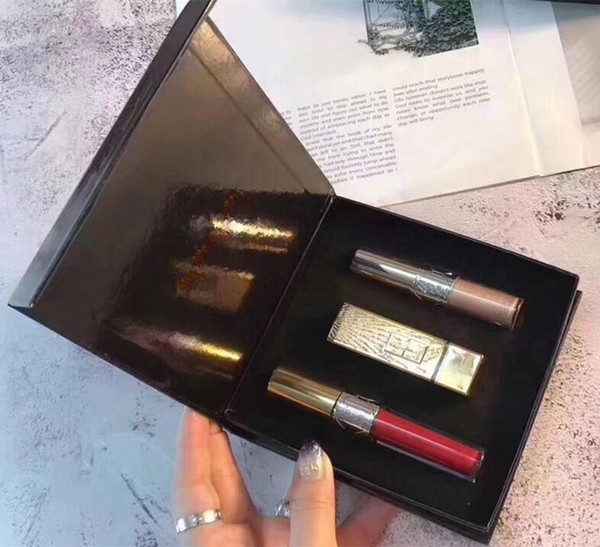 HOT Brand Makeup SET Matte Lipstck Lip Gloss Liquid Highlighter set 3 in 1 Kit with box good gift for beauty women DHL shipping