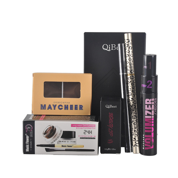 Qibest Eyes Makeup Set Mascara + Eyeliner + Eyeshadow + Eyelash Makeup Brush Magical Halo Mascara + lip gloss + Eyelash Powder