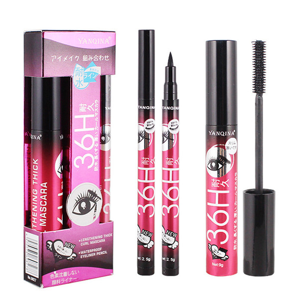 Original YANQINA Brand Black Eye Mascara Eyeliner Set Long Eyelash Silicone Brush Curving Lengthening Mascara Waterproof Makeup 3001369
