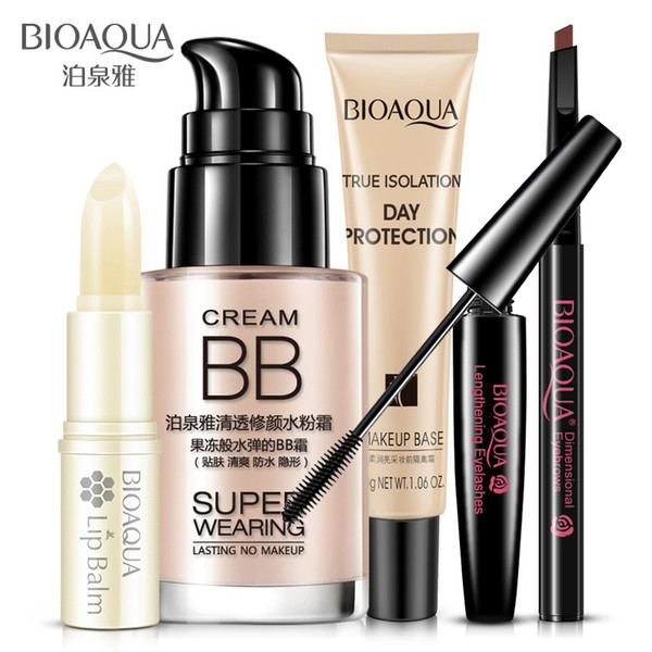 5Pcs BIOAQUA Beauty Cosmetics Makeup Collection Kit Set Lip Balm BB Cream Eyebrow Pencil Mascara Cream Isolation Makeup Base 5pcs