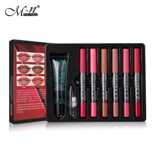 8pcs/set M.N menow Brand Makeup Set K906 6pcs kissproof lipstick + 1pcs sharpener + 1pcs Lipstick Remover Make up Matte Lipstick Pen