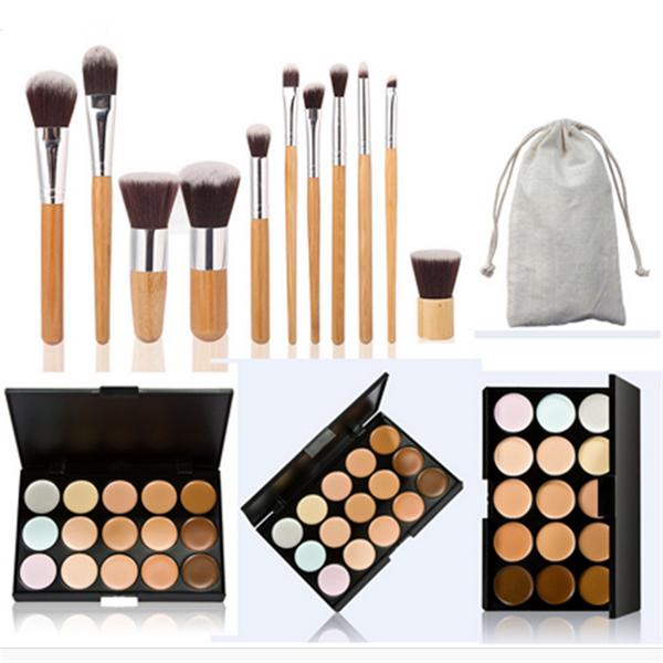TFS-32 New arrival! 11 bamboo handle makeup brush + 15 color concealer+cosmetic pouch, Makeup sets free shipping!